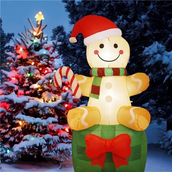 Christmas Inflatable Gingerbread Man with Giant Gift Box 6 FT Xmas Holiday Decor - Picture 1 of 8